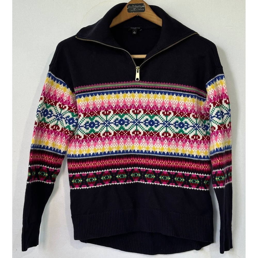 Talbots Sweater Fair Isle  Wool Blend Womens SP Blue Colorful Ski Retro